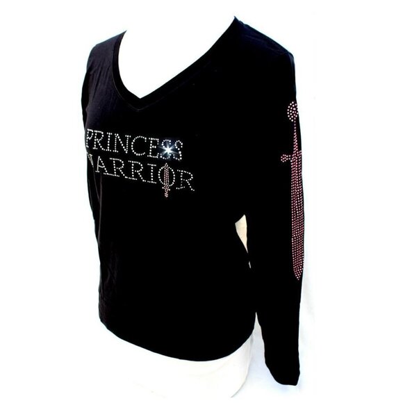 Womens Size Princess Warrior Crystal Bling Long V-Neck Sleeve Top Pink Sword - Picture 7 of 9